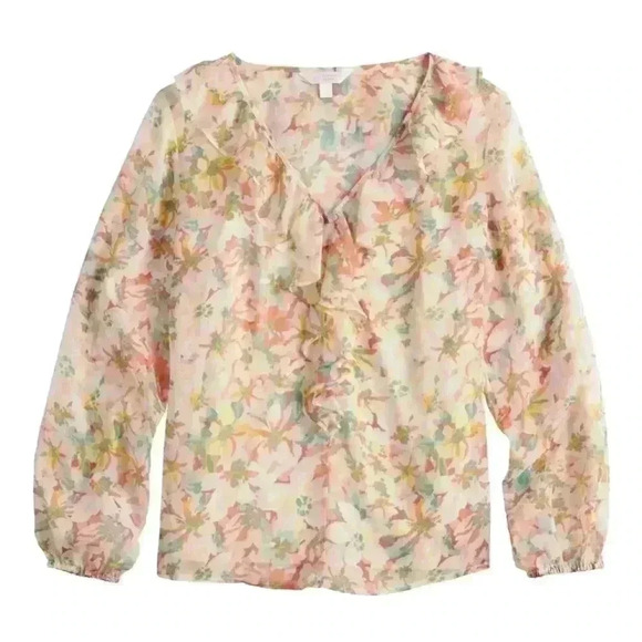 Lauren Conrad LC floral ruffled sheer blouse size small - Picture 2 of 12